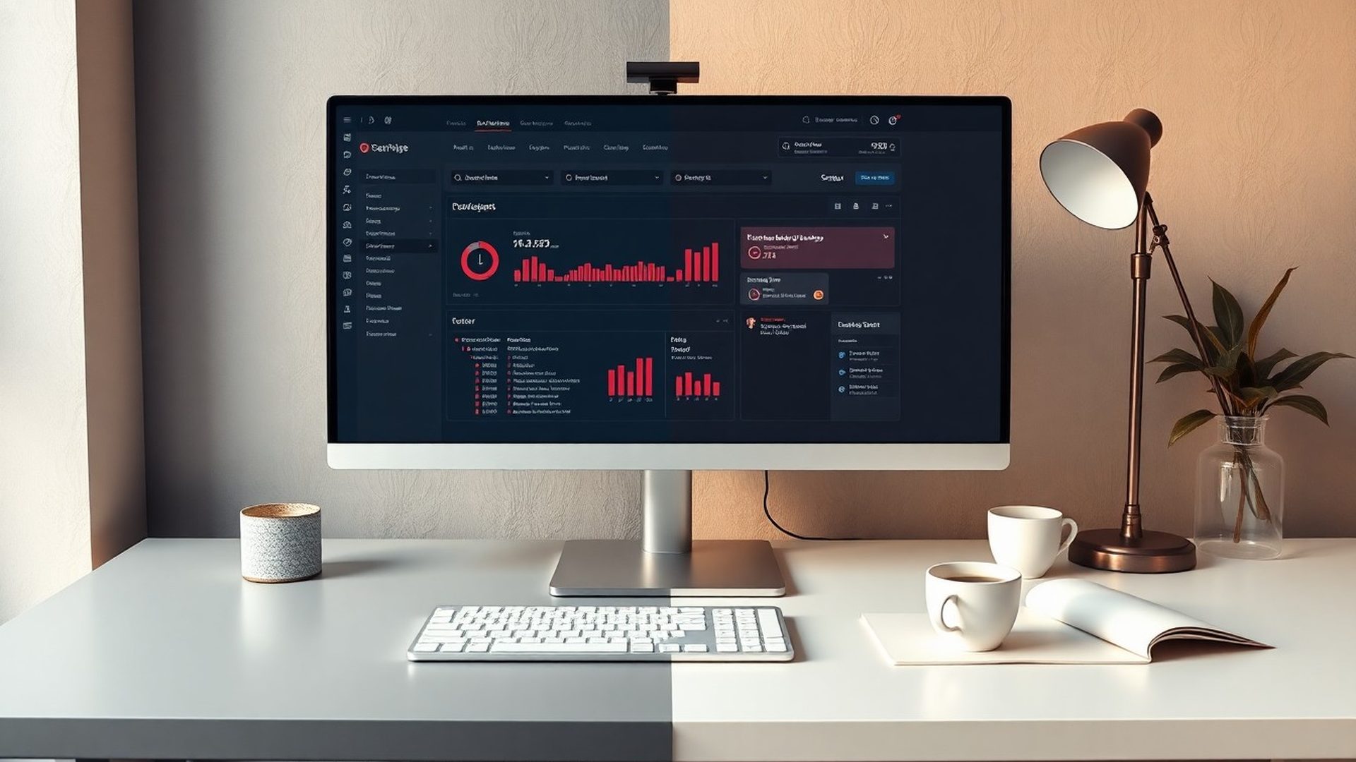 Pracovní stůl s auditem webu — monitor s dashboardem, notes a káva